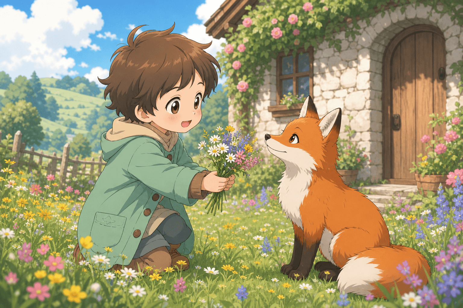 Soft anime style storybook illustration on a tablet