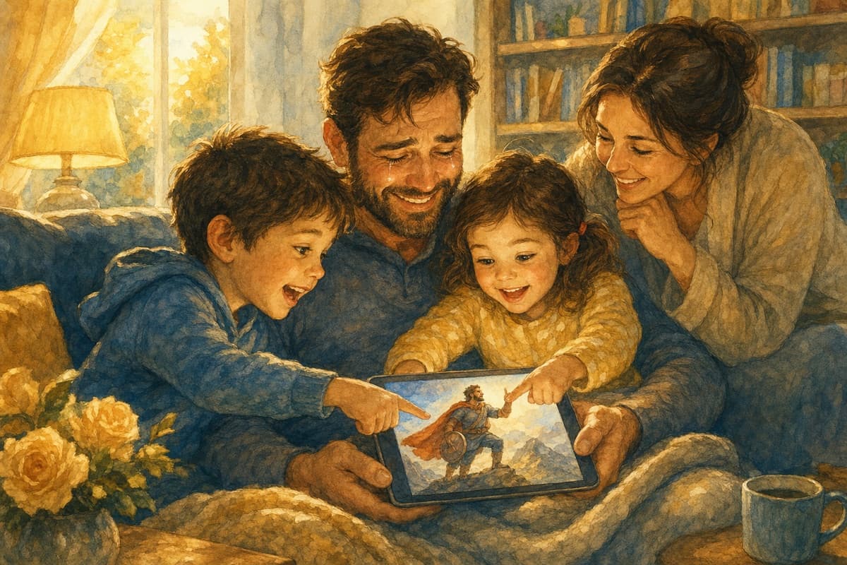 Dad reading a personalised adventure to his children while his partner watches proudly
