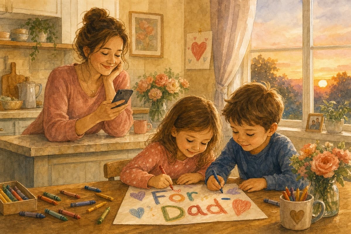 Parent ordering a personalised Father's Day story while children make a card