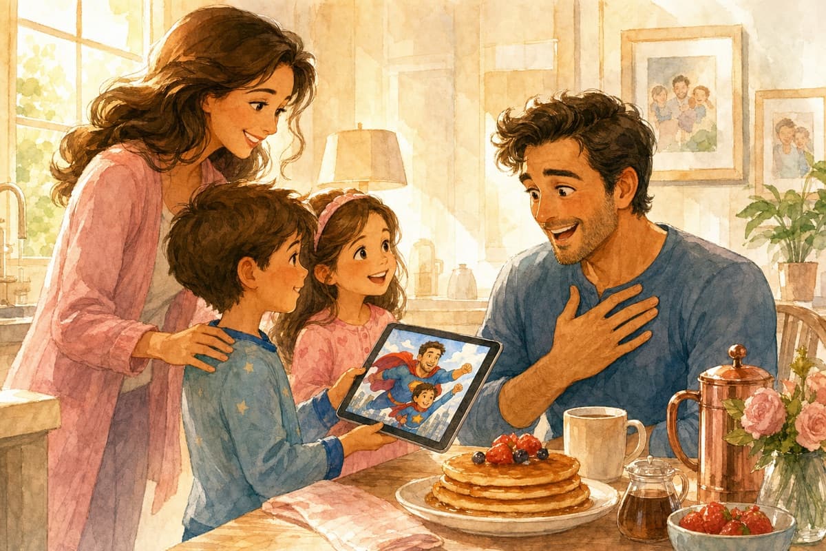 Family surprising Dad at breakfast with a personalised storybook on a tablet